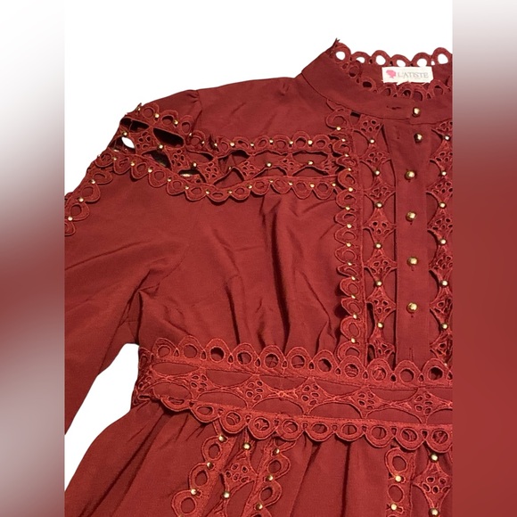 L'ATISTE Deep Red Lace Long Sleeve gold studded Dress - Picture 4 of 8